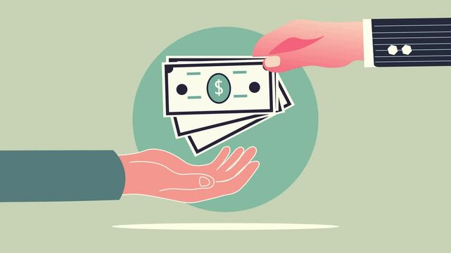 A businessman&rsquo;s hand, holds money give Money to another hand. flat design animation. Business transaction. dealings and exchange.