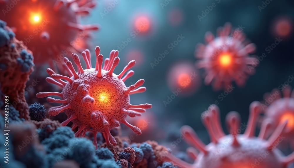 Aufkleber Microscopic view of red virus cells with spike proteins. Concept of immune system attacking infection, virology, viral disease. Viral replication, pathogen defense, infectious agents, vaccine