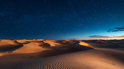 Naklejka premium peaceful desert landscape with rolling sand dunes under starry night sky, illuminated by soft moonlight, creating serene and tranquil atmosphere