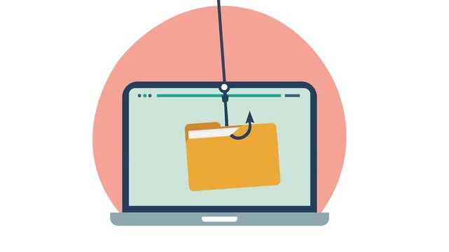 Online phishing and cybersecurity threats Concept. Flat design animation of laptop screen displays a folder icon, sensitive data. Above it, 