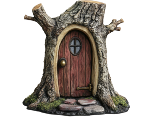 A miniature fairy door nestled at base of tree, surrounded by moss and stones, creates whimsical and enchanting atmosphere