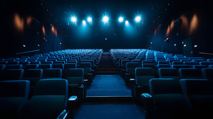 A large cinema hall with blue seats, illuminated by bright lights
