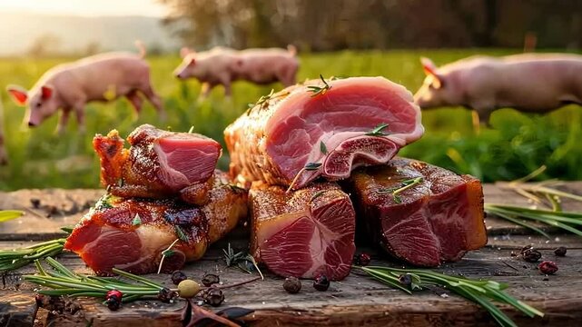 meat and lard on a wooden table on the background of a farm with a pig