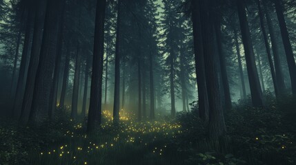 Obraz premium Enchanting woodland scene with glowing fireflies at dusk in a misty forest