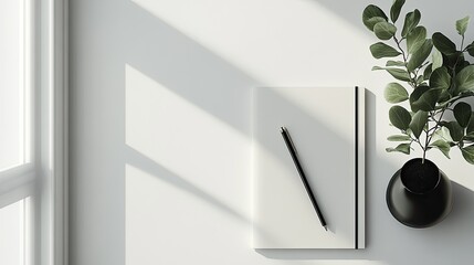 Obraz premium Minimalist Workspace, Sunlight, Notebook, Plant
