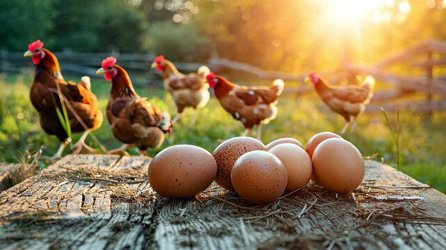 chicken eggs on a wooden table in the background farm and chickens