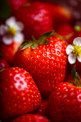 Macro shot of vibrant red strawberries with flowers close up. Fresh food concept