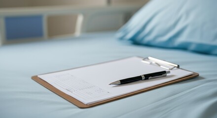 Close-up of hospital bed with clipboard and pen, symbolizing healthcare patient care