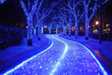 Illuminated pathway lined with blue lights and trees, creating a magical winter atmosphere at night