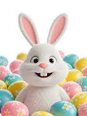 Happy cute white bunny with many colorful Easter eggs isolated on transparent background. Cartoon rabbit with smile on bright celebration Easter illustration