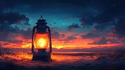 Glowing lantern at sunset on a beach.