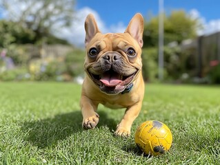 Happy Frenchie chasing ball in garden