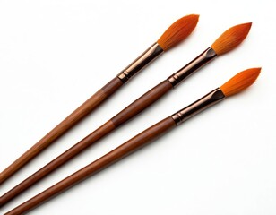 Set of artist paint brushes with wooden handles isolated. Painter hobby tool for canvas creativity, drawing. Art instrument with orange hairs, watercolor painting, oil artwork, art supply.