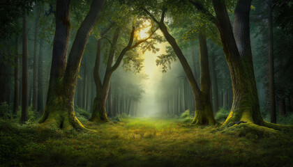 Obraz premium Enchanted Forest Path: A serene woodland path winds invitingly into a mystical forest, bathed in ethereal sunlight filtering through the lush canopy, evoking a sense of wonder and tranquility.