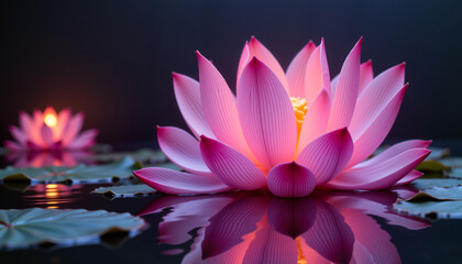 Glowing Pink Lotus Flower on Water for Meditation and Spiritual Posters