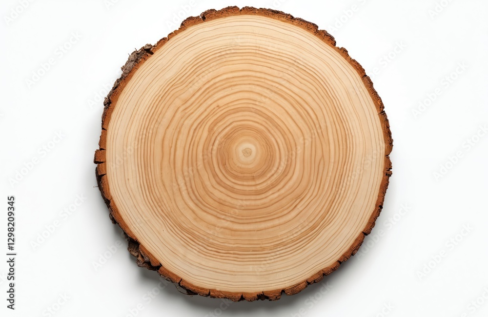 Poster top view of cut wood slice with tree rings on white background. circular wooden piece shows annual r