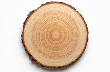 Top view of cut wood slice with tree rings on white background. Circular wooden piece shows annual ring pattern. Brown timber abstract texture, nature material close-up. Represents aging process,