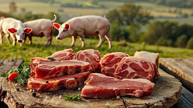 meat and lard on a wooden table on the background of a farm with a pig
