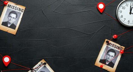 Black background, missing person alert, map locations, clock, concept of individuals and time