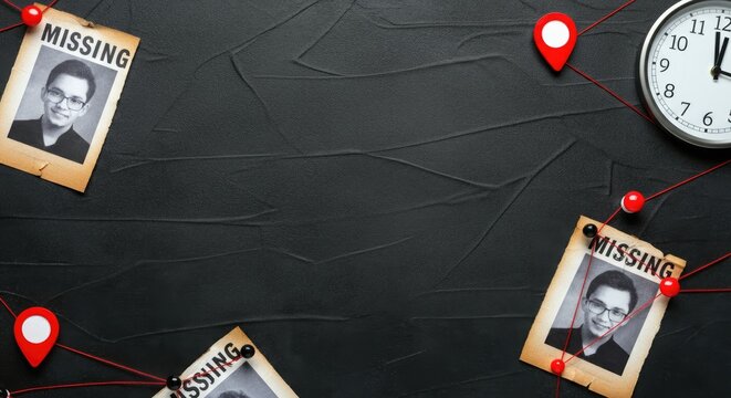 Black background, missing person alert, map locations, clock, concept of individuals and time