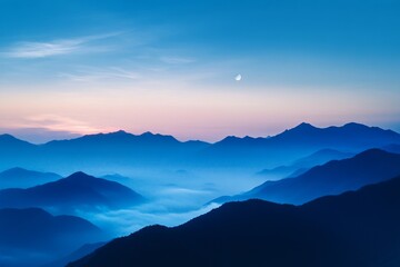 Obraz premium Beautiful blue sky with clouds and moon over the mountains at sunrise or sunset.