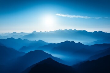 Obraz premium Beautiful blue sky with clouds and moon over the mountains at sunrise or sunset.