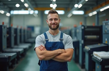 Portrait of man in printing industry standing confidently with arms crossed. Caucasian worker in blue uniform looks at camera smiling in print shop, surrounded by modern printing machines, equipment.