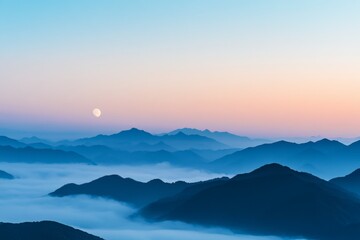Obraz premium Beautiful blue sky with clouds and moon over the mountains at sunrise or sunset.