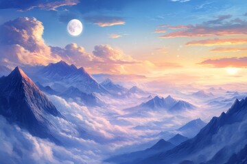 Beautiful blue sky with clouds and moon over the mountains at sunrise or sunset.