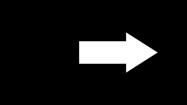 The animation of a white arrow pointing to the right moving from left to right is isolated on a black background. Suitable for tint, overlay layer, or alpha channel. Loop motion graphics