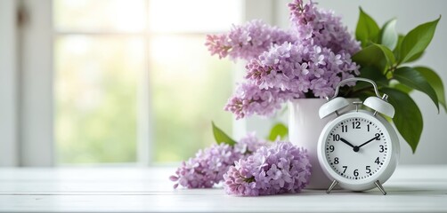 Spring time change composition white alarm clock shows time with lilac flowers bouquet on wooden table. Daylight savings time concept. Floral springtime interior decoration with seasonal blooms.