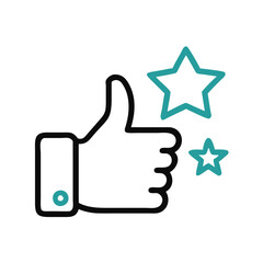 Obraz premium Thumbsup Stars. Simple line drawing of thumbs-up with teal star accents. Clean design expressing high rating and excellence. Concept: Quality Rating, Service Reviews, Product Feedback