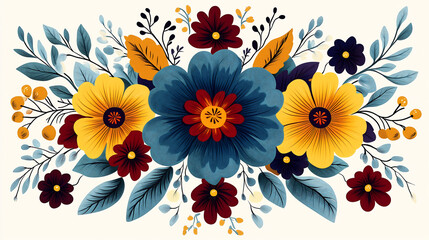 Vibrant floral arrangement with red, blue, and yellow flowers in an artistic watercolor style, perfect for decorative designs, invitations, greeting cards, and prints