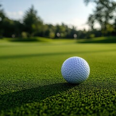 Fototapeta premium A close-up of a golf ball resting on the lush green grass of a well-manicured golf course, with a blurred background of trees and a clear blue sky, capturing a serene golfing atmosphere.