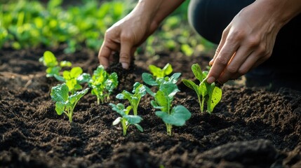 Hands planting young seedlings in a rich garden soil