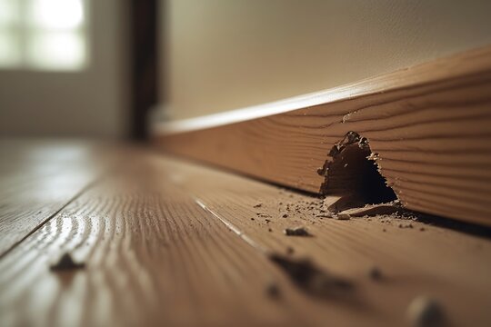 Mouse hole in a wooden baseboard with chewed edges, highlighting rodent infestation issues.

