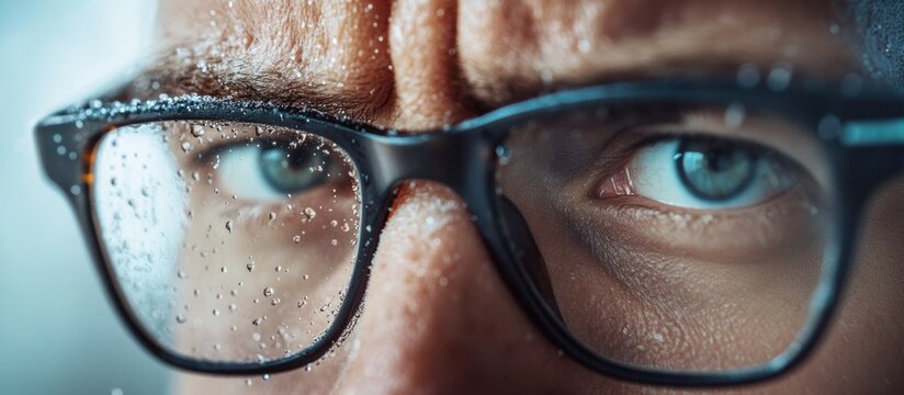 Focused expression of a person wearing glasses in rainy weather