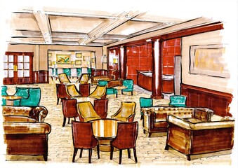 Hand drawn colour concept sketch for an interior.