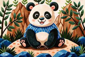 funny panda in forest landscape abstract cartoon illustration