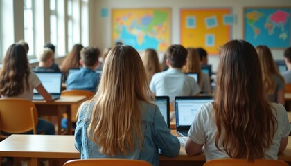 Rearview of students in classroom sitting at desk, working on laptops. Computer tech education, university college e-learning, high school knowledge. Teenagers learning, studying together. Online