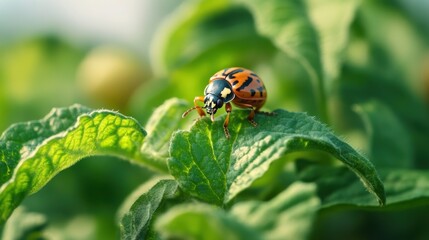 Fototapeta premium Colorful ladybug perched on green leaf in sunny garden