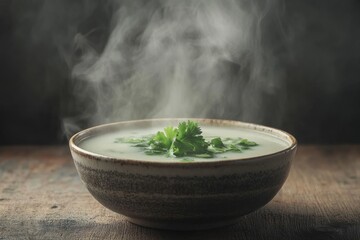 Steaming Herbal Soup with Fresh Cilantro in Rustic Bowl