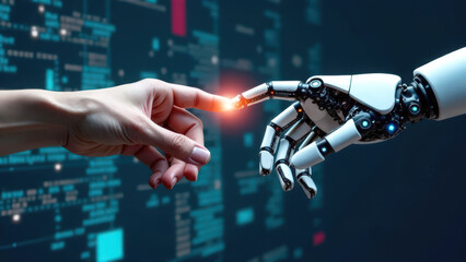 Human hand touching robotic hand with glowing connection on digital interface background. Artificial intelligence and technology concept