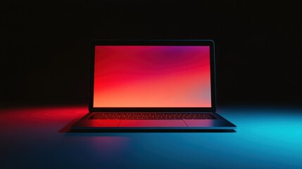 A vibrant image of a sleek laptop computer displaying a striking red and blue screen. The device is open on a modern desk, showcasing its elegant design and high-resolution display.