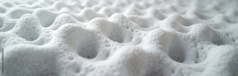 Poster Close-up image of foam with interconnected web pattern on gray bubbly background. Resembles biological cell structure. Porous sponge abstract science material with mesh network seamless texture