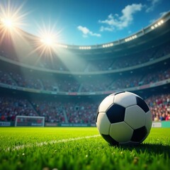 A soccer ball flying into the goal in a stadium filled with cheering fans, goal, excitement