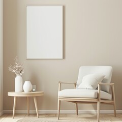 A cozy living room with a white armchair. a side table. and a blank frame on the wall