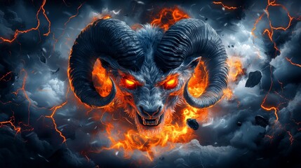 Fiery Ram Head in Dark Clouds