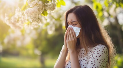 Young woman sneezing due to pollen allergies in a spring park