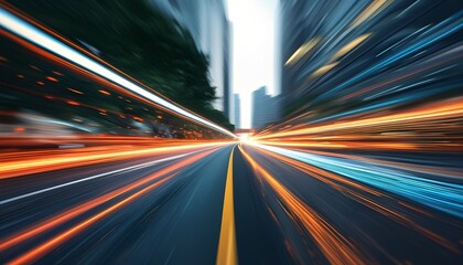 Obraz premium Dynamic urban motion vibrant light trails on city streets at dusk transport photography fast-paced environment low angle view